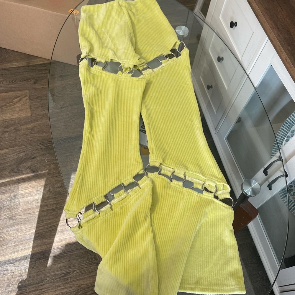 The Ragged Priest Lime Yellow Corduroy Cut-Out Flare Pants